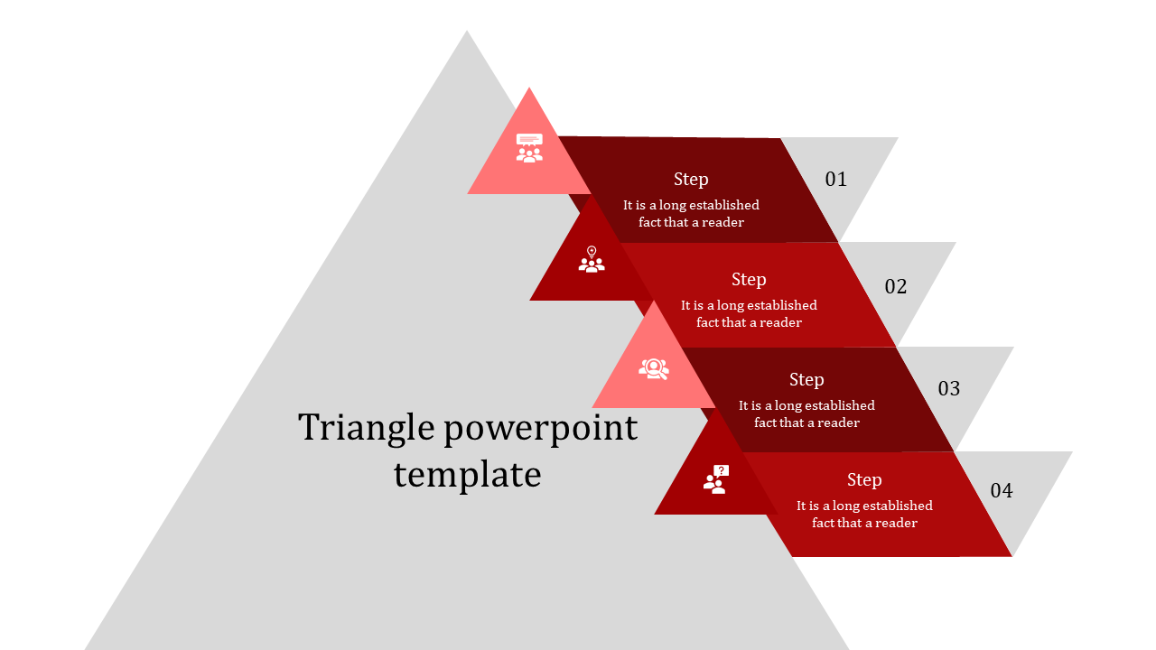 Four step triangular infographic with stacked red sections, each linked to icons, forming a structured process flow.