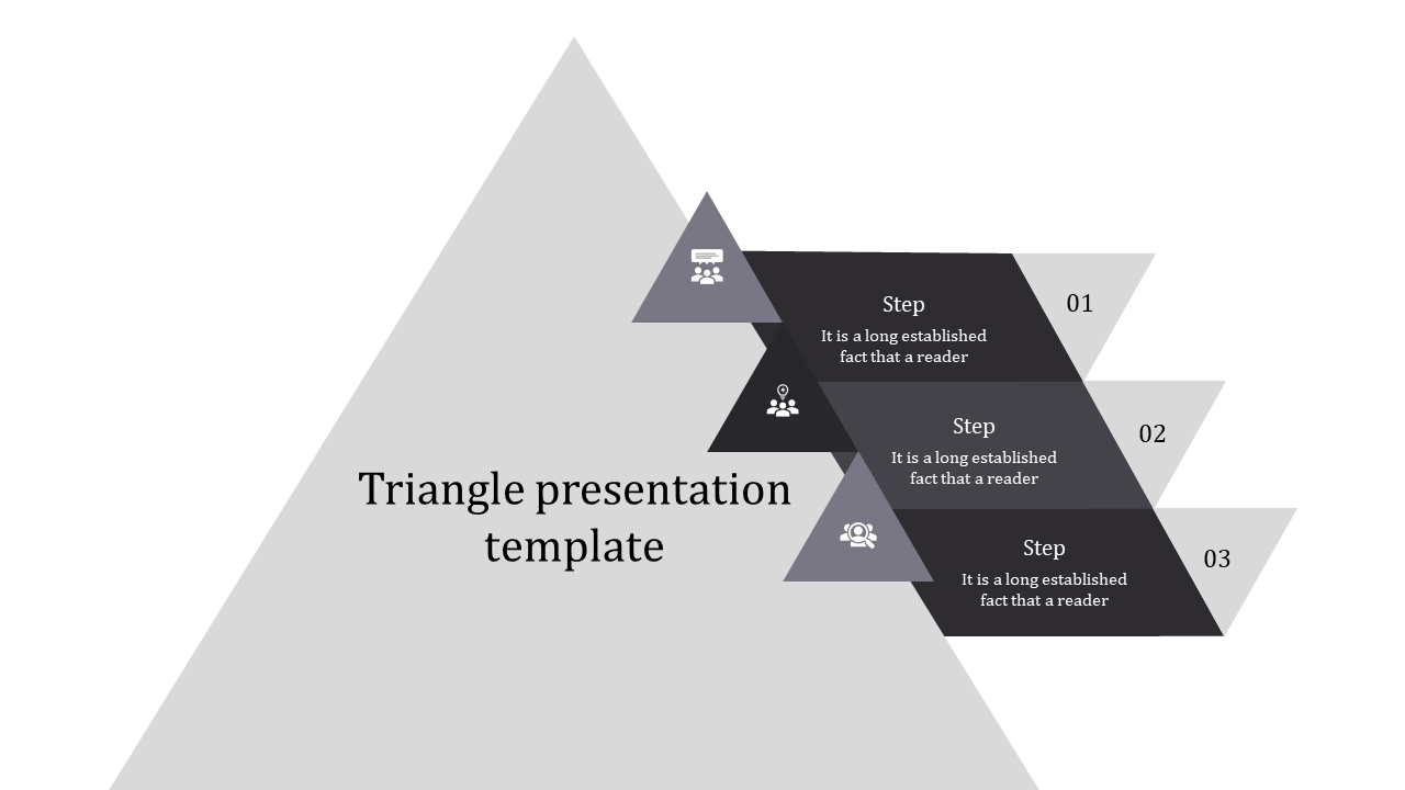Triangular step diagram with three stacked gray sections, each featuring an icon and a number on the right.
