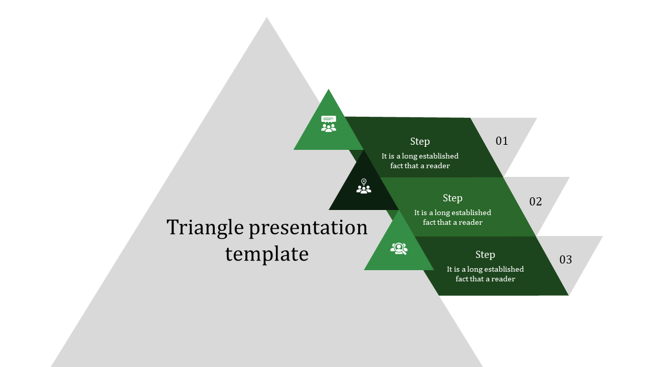 Triangle themed slide with three green layered sections featuring icons, steps, and numbers on a gray background.