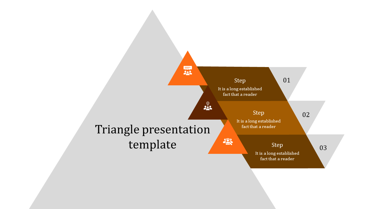 Orange triangle presentation template with three steps, each featuring an icon and placeholder text.