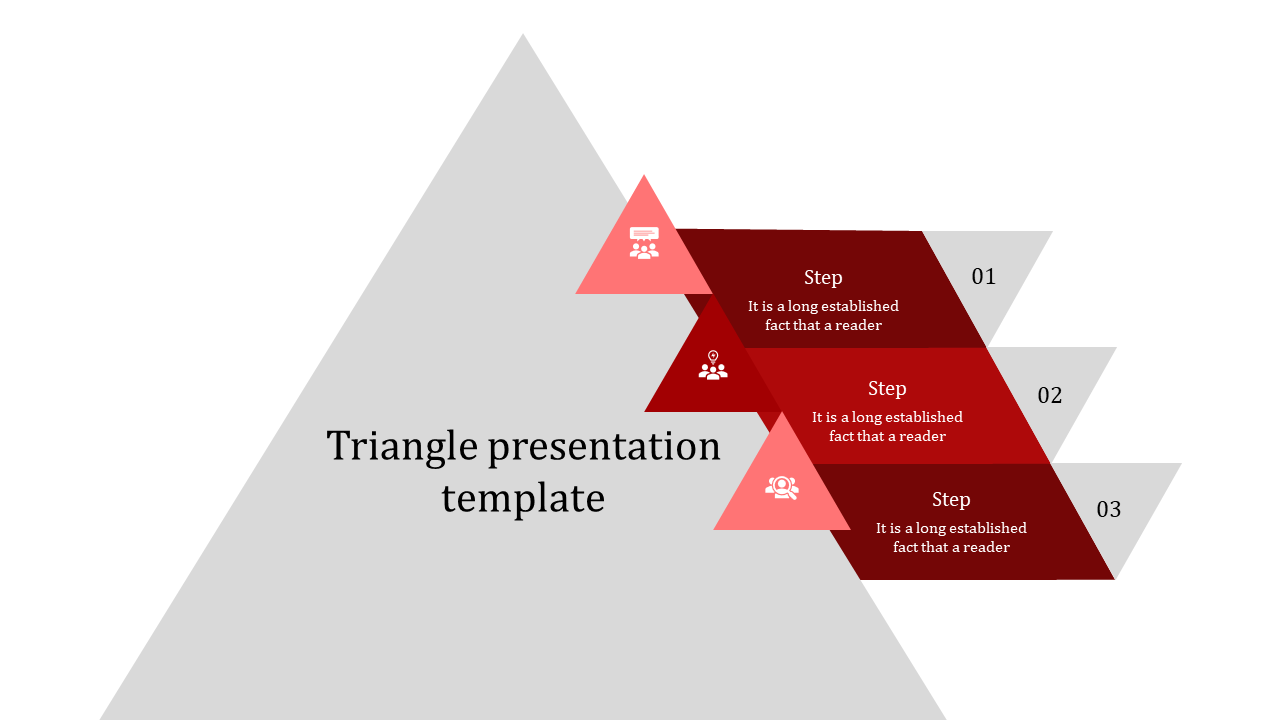 Triangular step diagram with three stacked red sections, each featuring an icon and a number on the right.