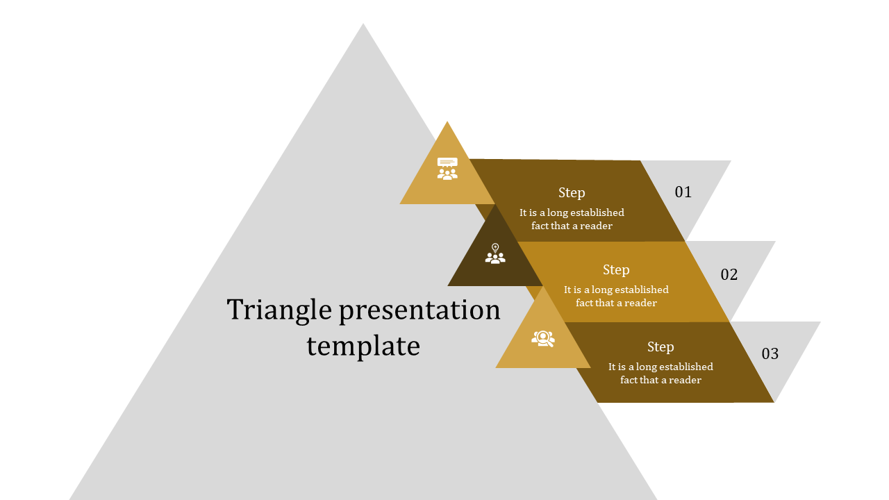 PowerPoint triangle template with three triangular sections, each labeled step with corresponding numbered captions.