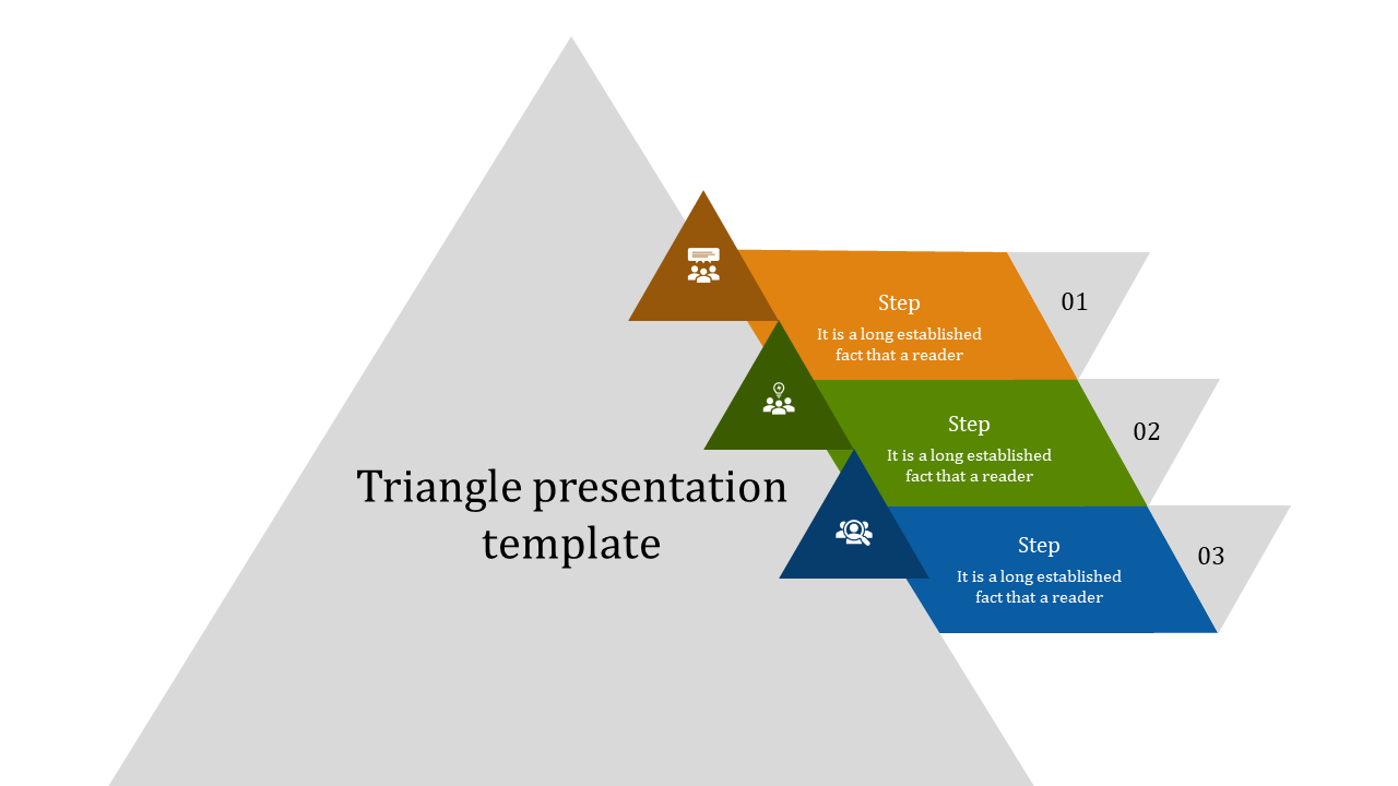 Colorful triangle presentation template with three steps, each featuring an icon and placeholder text.