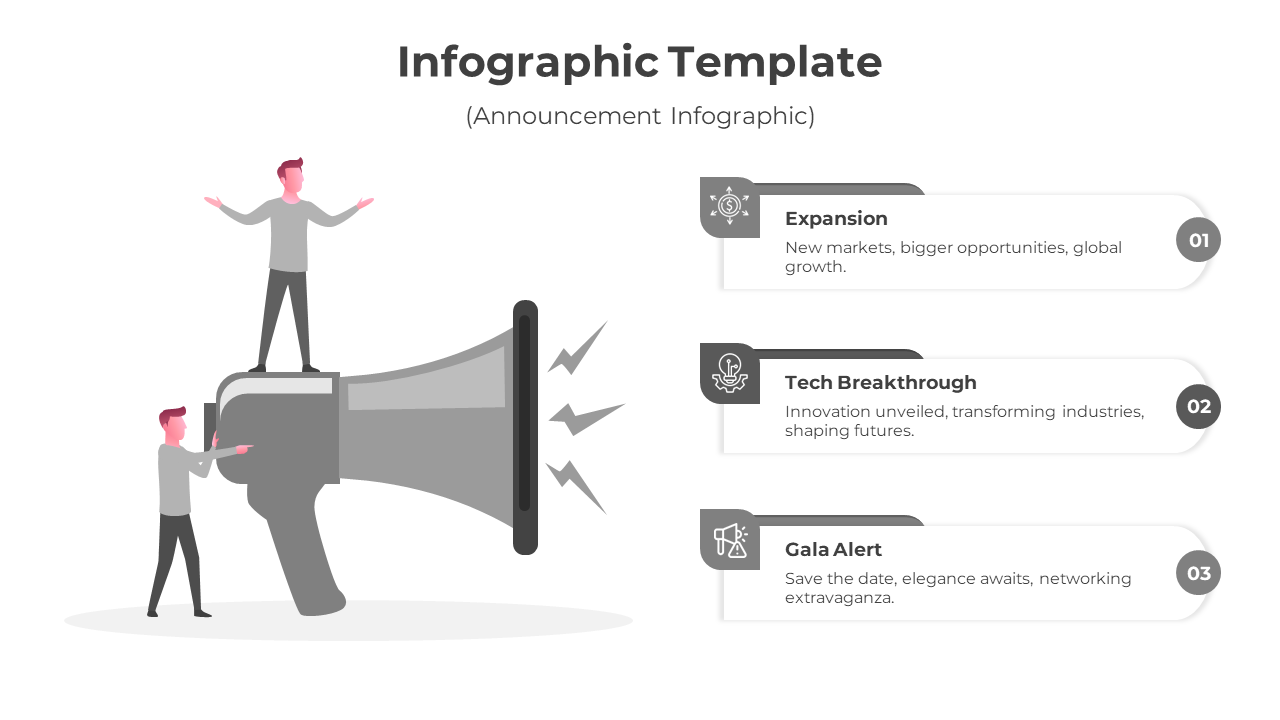 Gray scale announcement infographic slide shows a megaphone and three sections expansion, tech breakthrough, and gala alert.