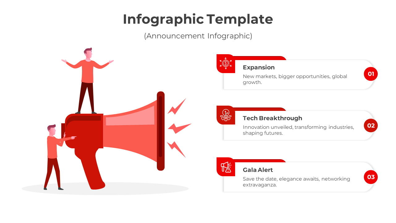 Infographic featuring a red megaphone and three red titled announcement cards with circular numbers.
