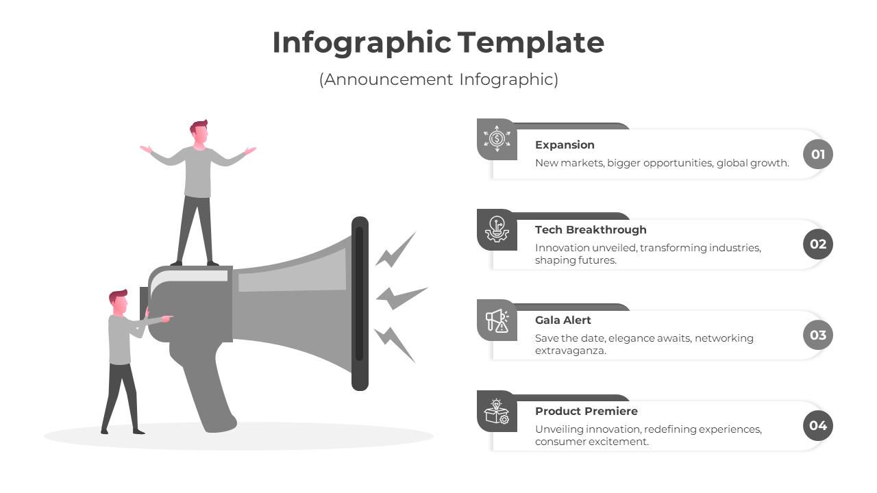 Monochrome infographic slide featuring a megaphone and four announcement sections with gray icons.