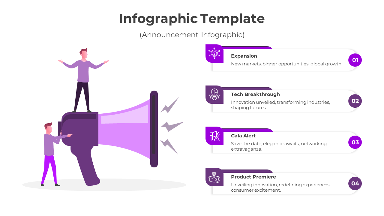 Infographic PPT slide featuring a purple megaphone illustration with announcement points from expansion to product premiere.