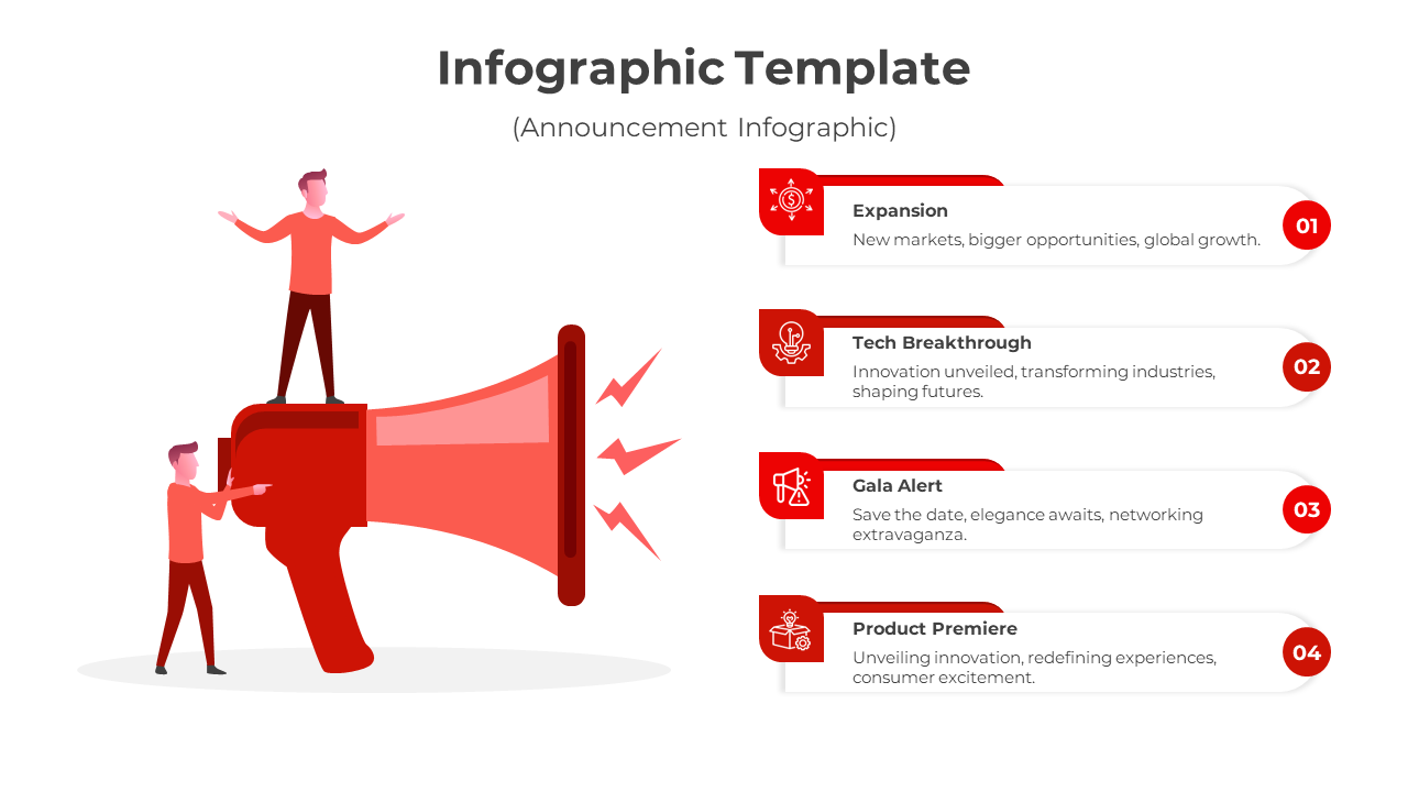 Announcement template showing a red megaphone and four red highlighted placeholders for key points.