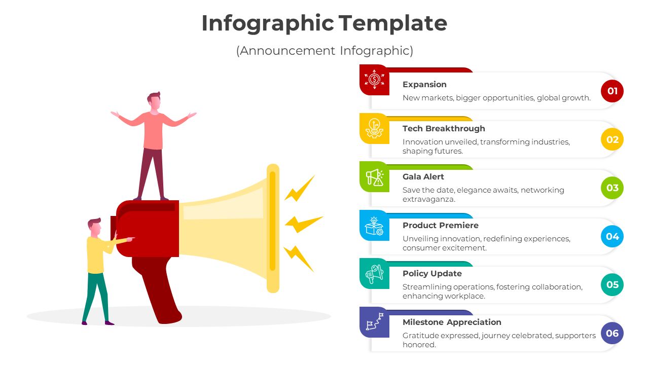 Megaphone infographic with six colorful announcements and six caption areas for business events and updates.