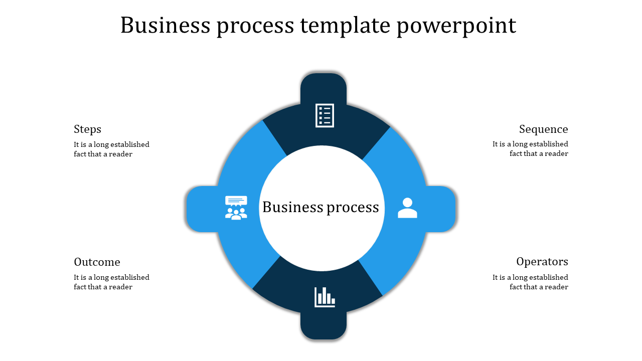 Circular business process infographic with blue segments and icons around a central label placed in white backdrop.