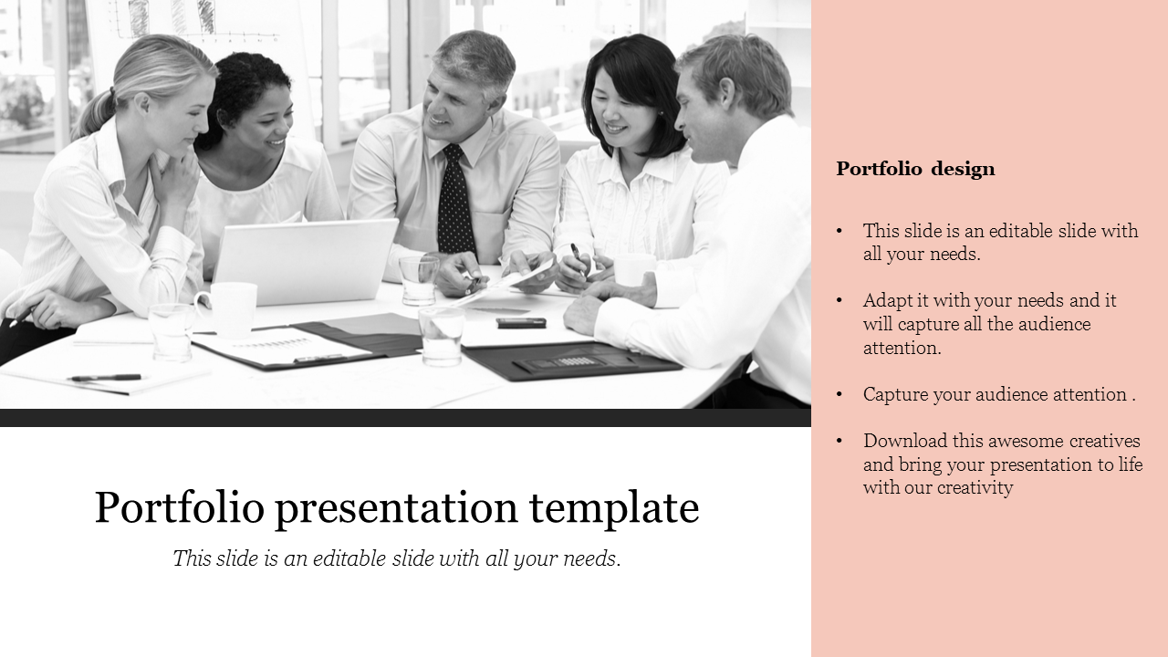 Portfolio presentation slide with a group meeting image on the left and a pink text section on the right.