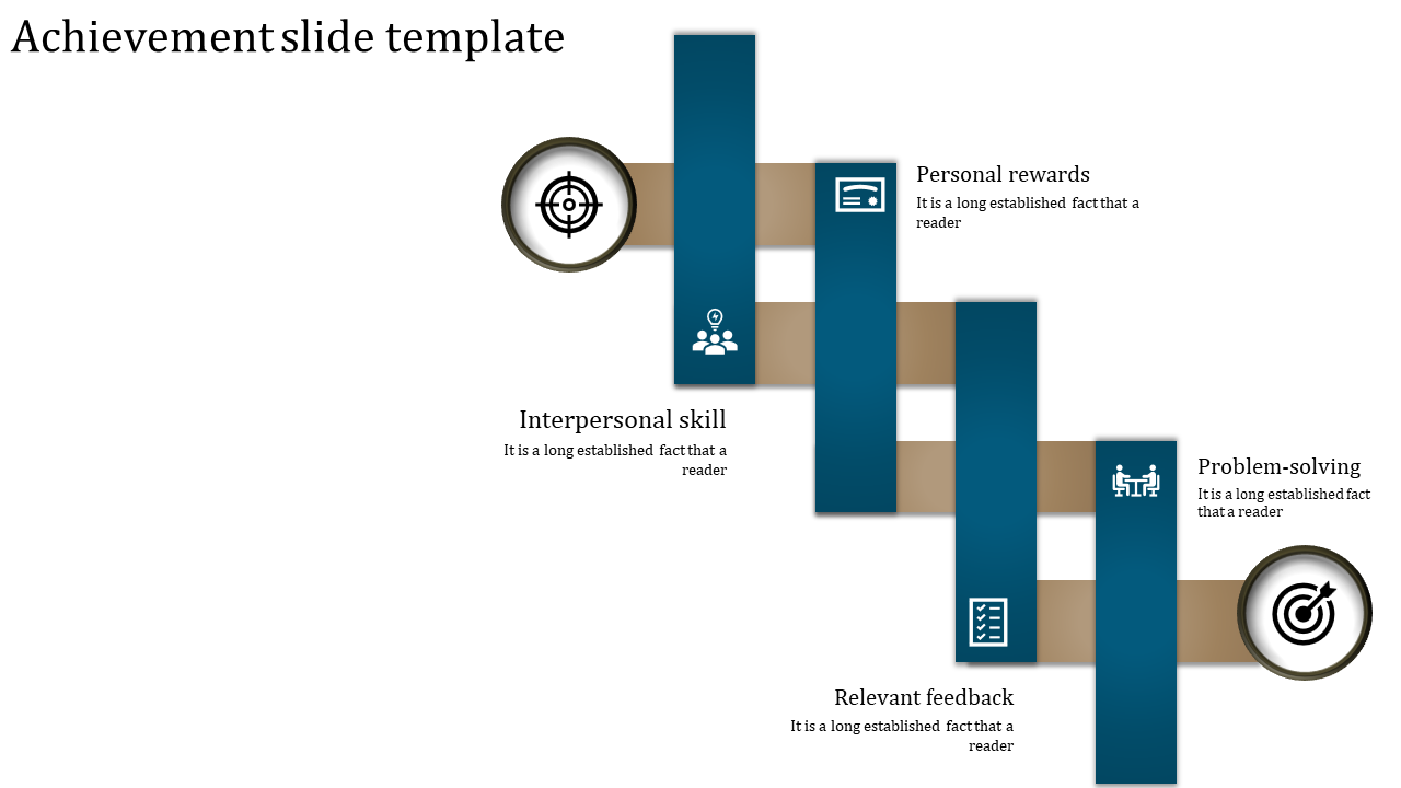 Achievement slide featuring interconnected bars with icons and text captions from interpersonal skills to problem solving.