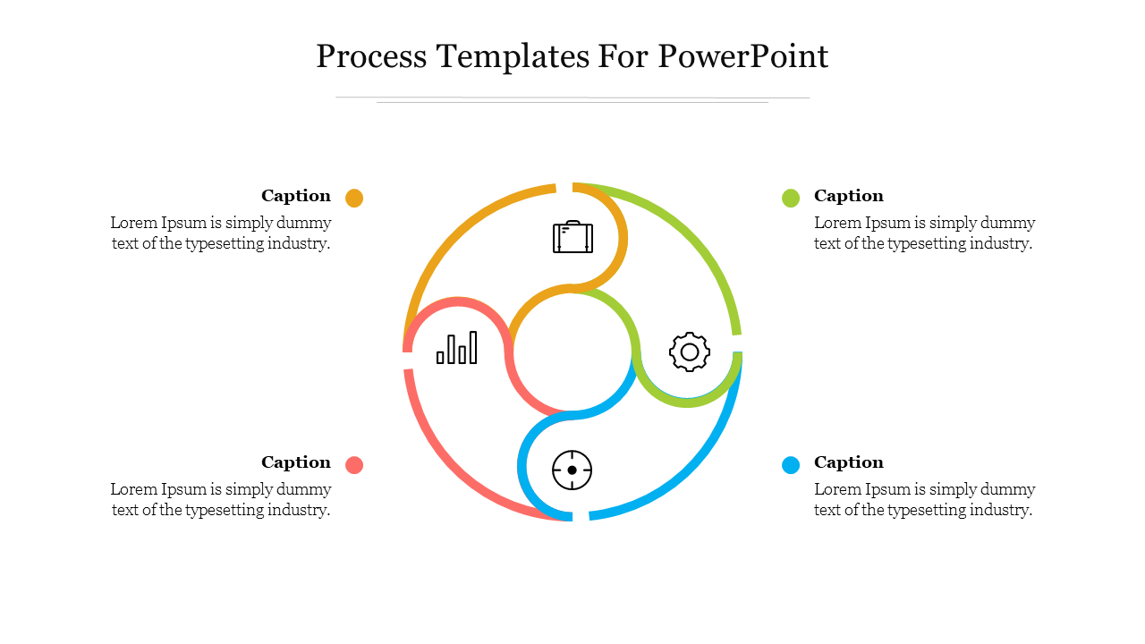 Colorful circular diagram slide with four sections for process steps with captions.