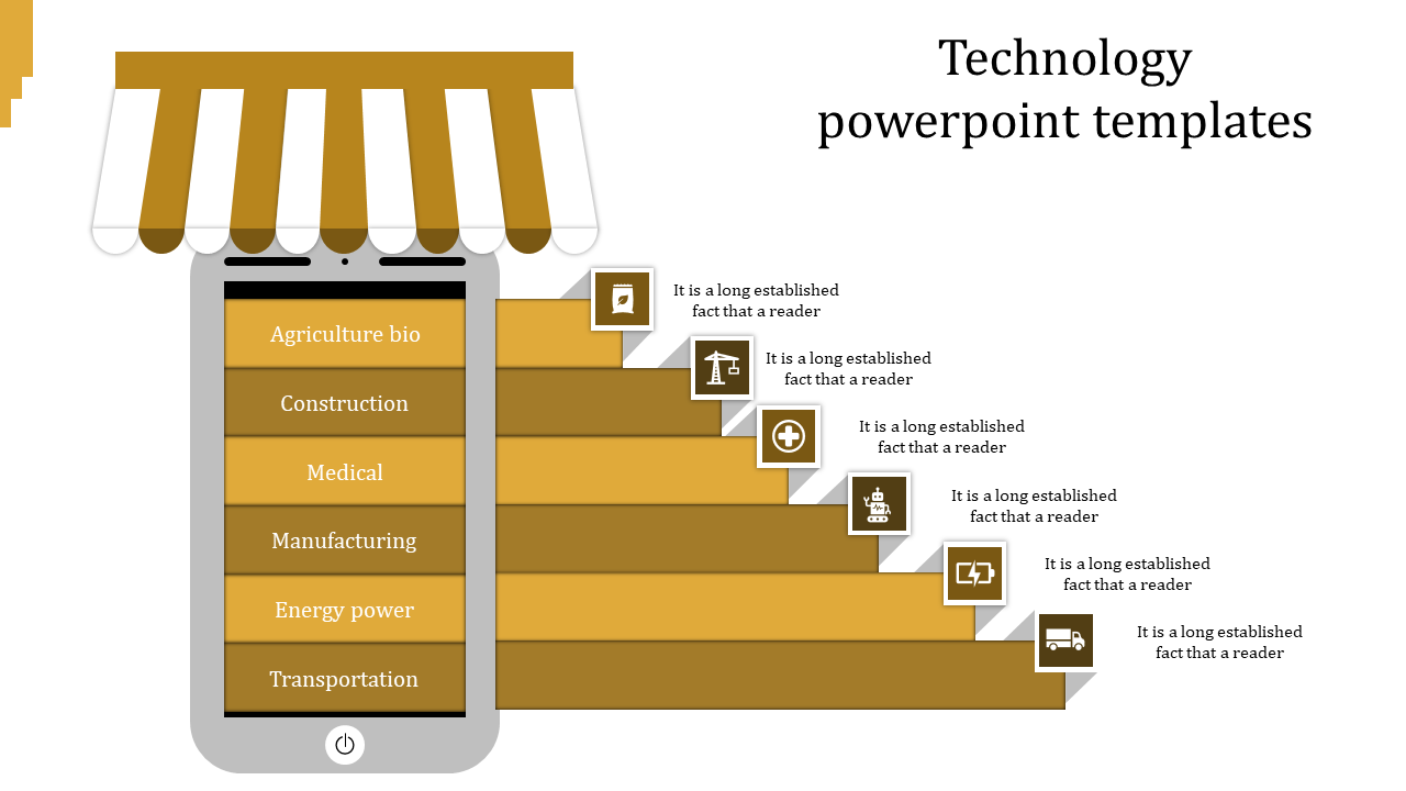 Technology slide with gold mobile display and industry icons on steps each placed with placeholder text areas.