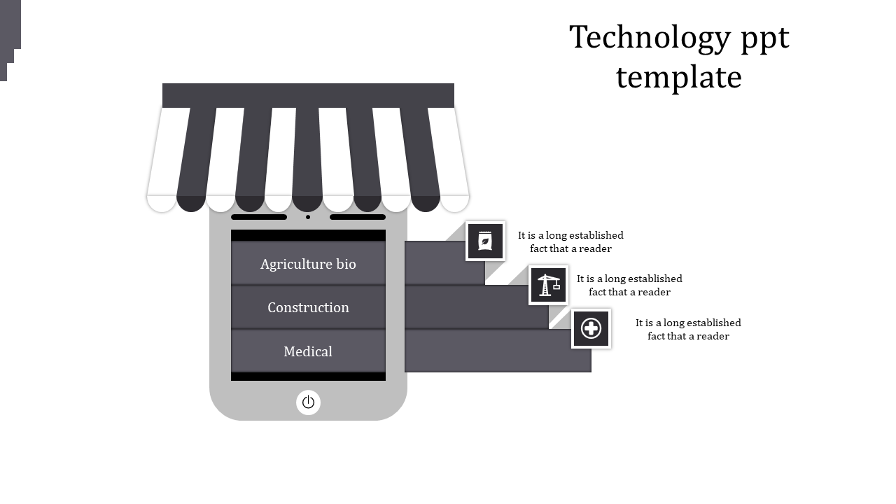 Illustration of a phone under a gray striped canopy and three labeled sections for industries and matching icons.