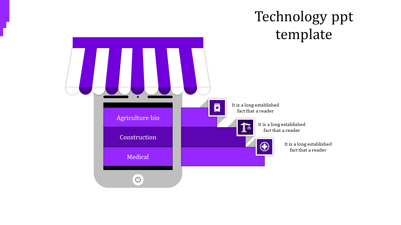 Gray and purple technology themed slide with a phone featuring striped canopy and three labeled blocks on the side.