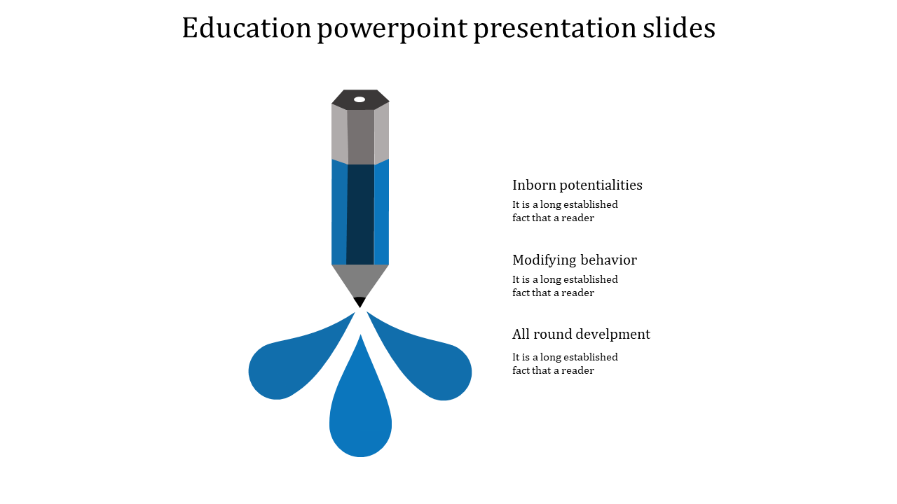 An education PowerPoint slide featuring grey and blue pencil releasing droplets, with three text sections.