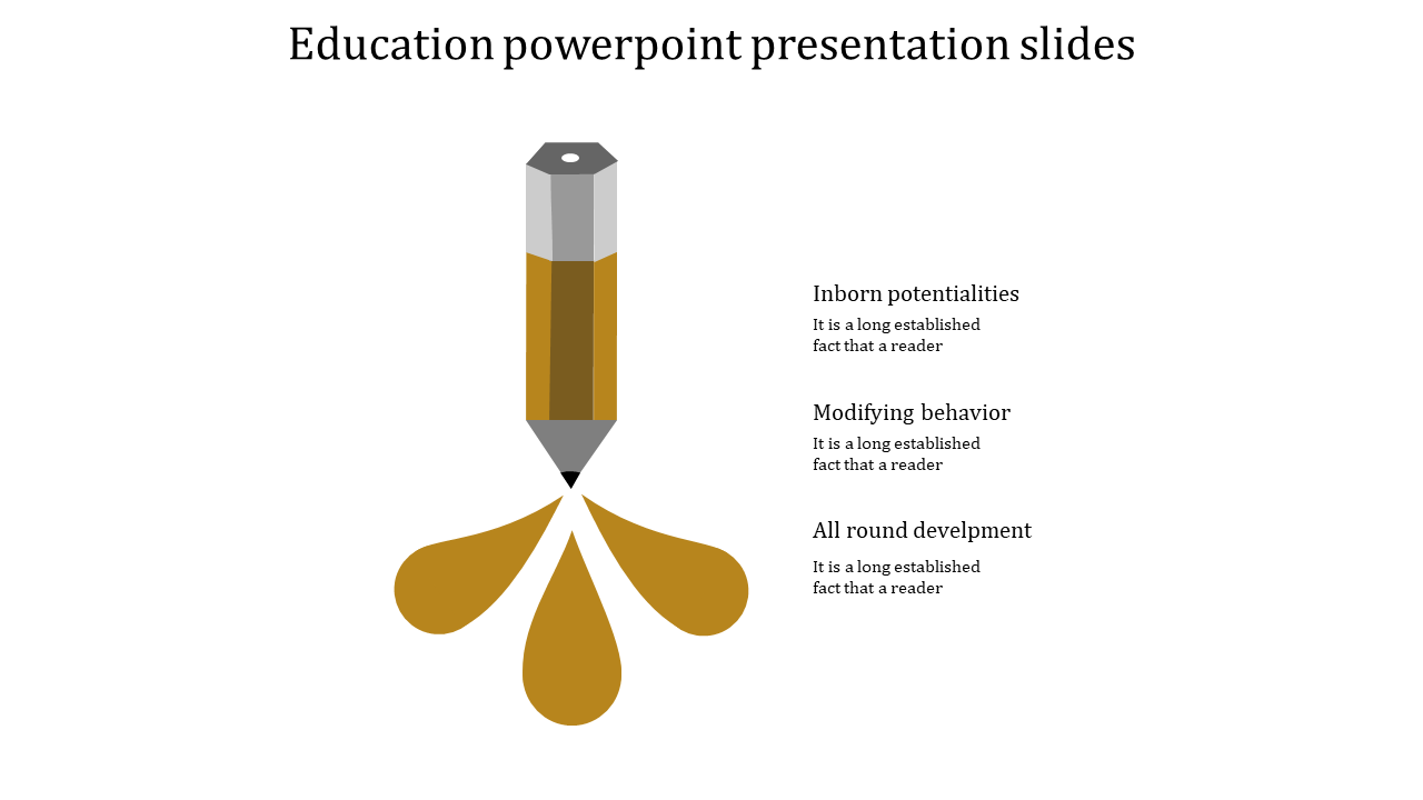 An educational PowerPoint slide featuring grey and yellow pencil releasing droplets, with three text sections.
