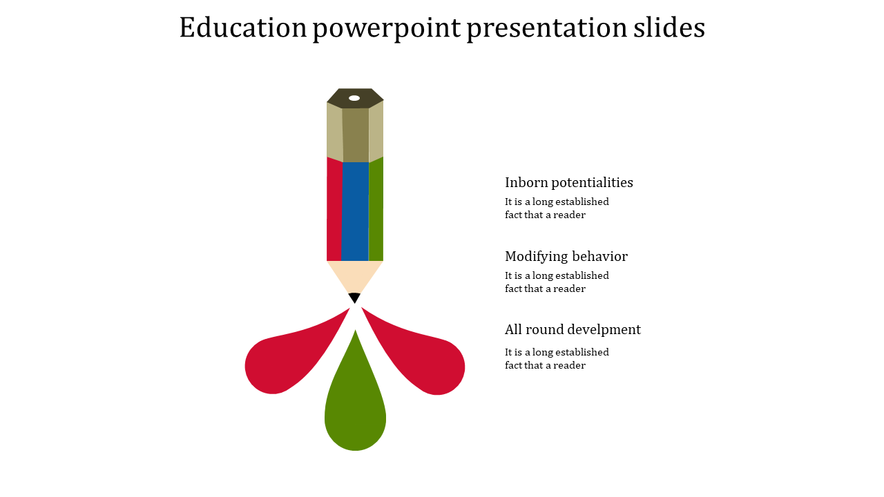 A colorful education PowerPoint template featuring a pencil with ink droplets and three sections with placeholder text.