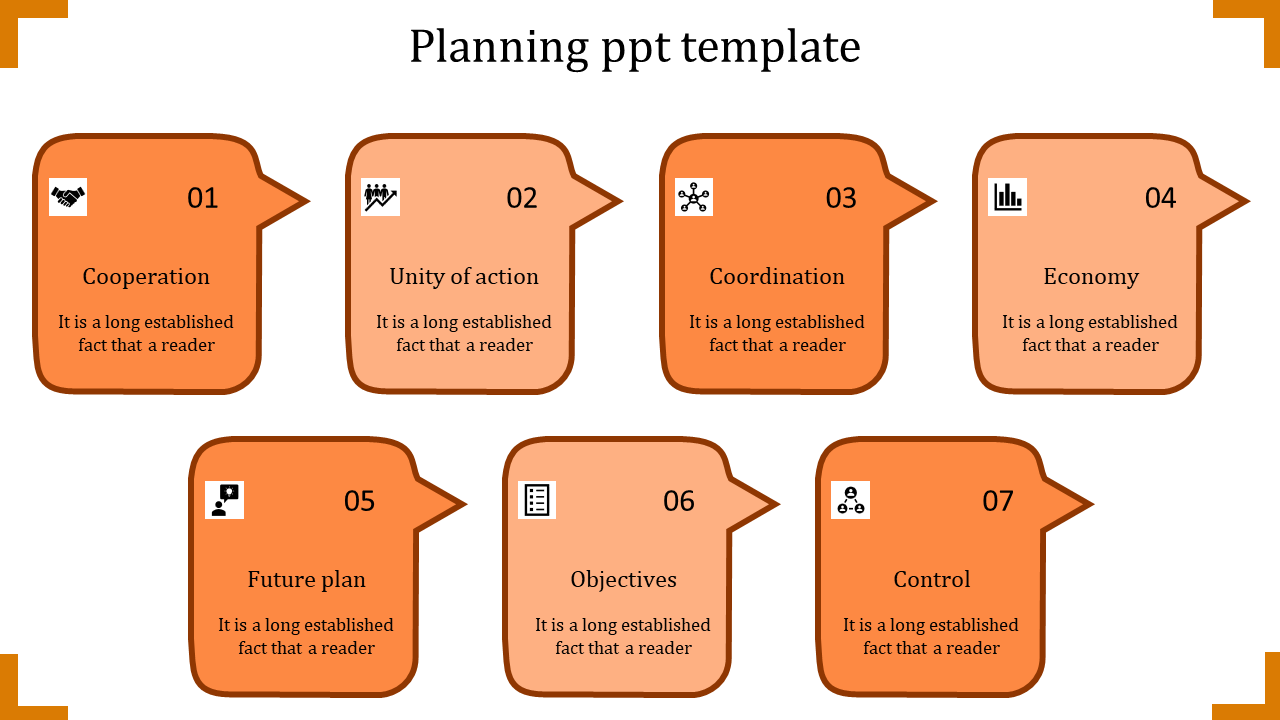 Planning template with seven orange speech bubbles featuring icons and titles placed in a white backdrop.