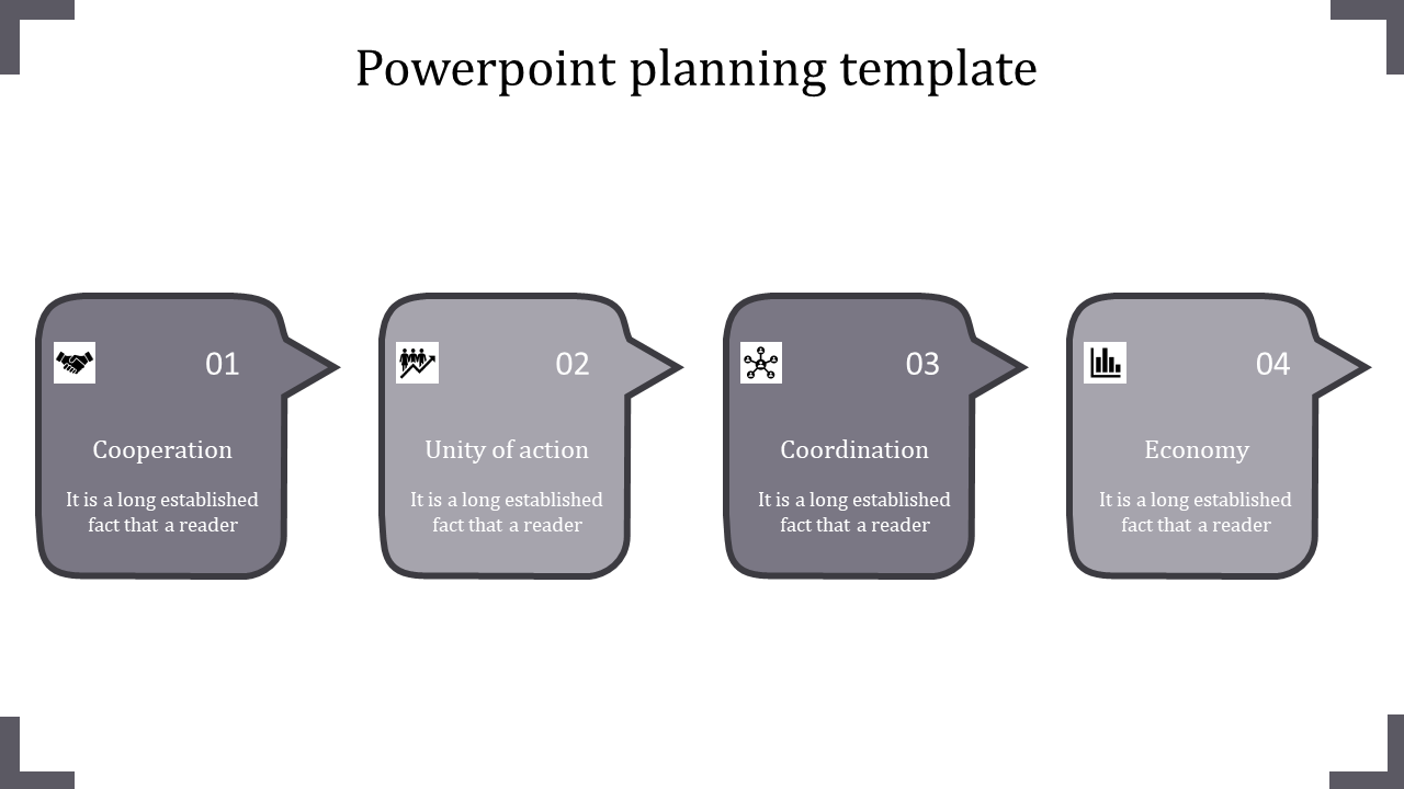 Planning slide with four sequential gray speech bubbles labeled 01 to 04, showcasing icons and descriptive placeholders.