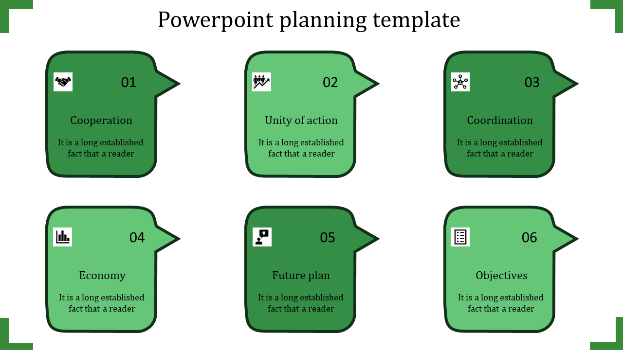 Infographic showing six green speech bubble designs with rounded corners, highlighting planning steps on a white layout.