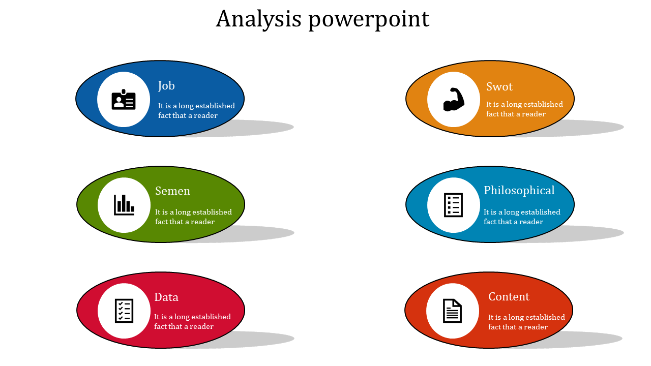 Oval layout for analysis presentation showing six categories with icons and colored backgrounds.