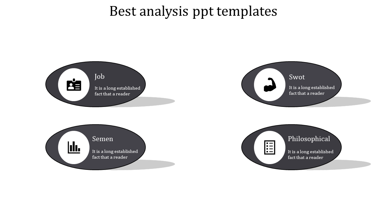 Analysis PowerPoint template with grey oval shapes, each representing different analysis types such as SWOT, Job, and Semen.