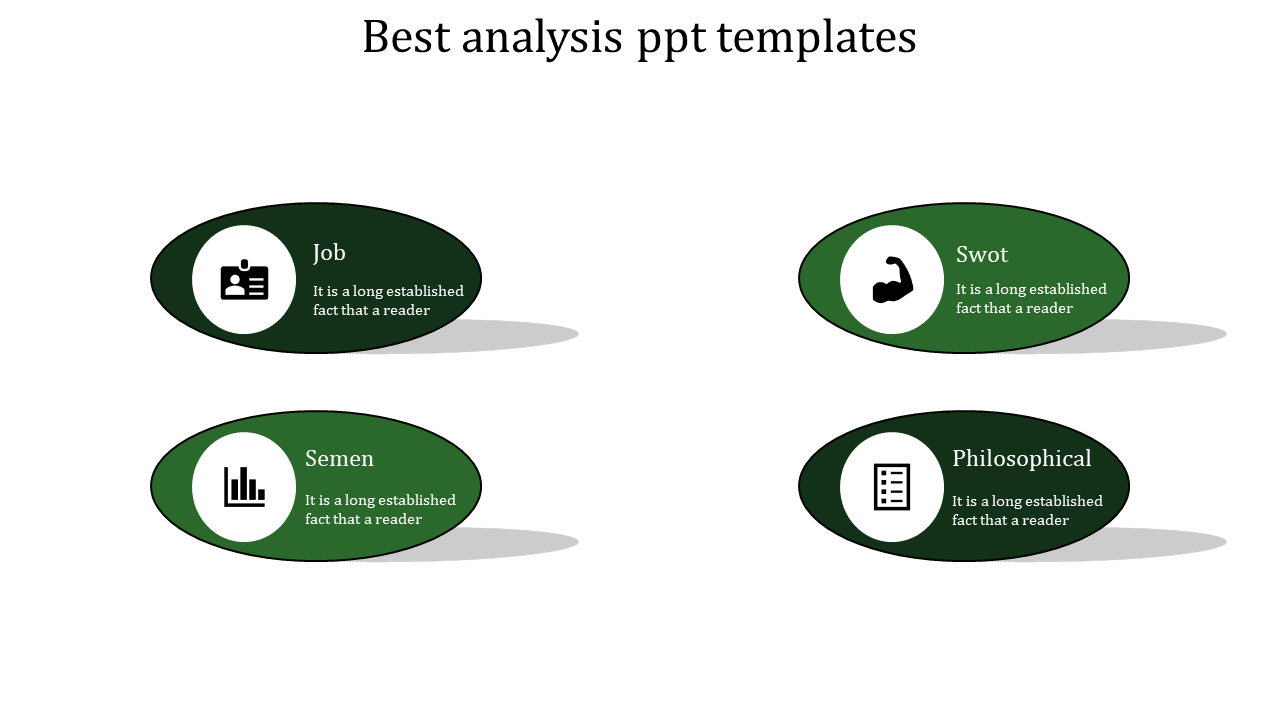 Green oval icons with white circular symbols and shadow effects arranged in two rows each with placeholder text areas.