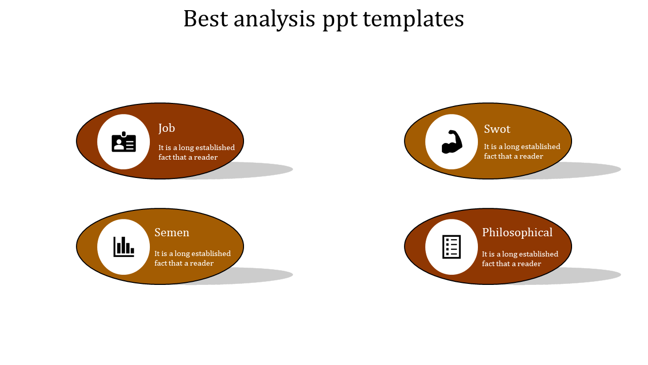 Analysis template with four orange ovals featuring icons and text, positioned with shadows for a 3D effect.