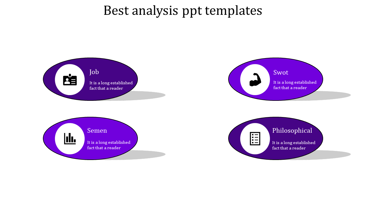 Analysis PPT template with purple oval shapes, each representing different analysis types such as SWOT, Job, and Semen.