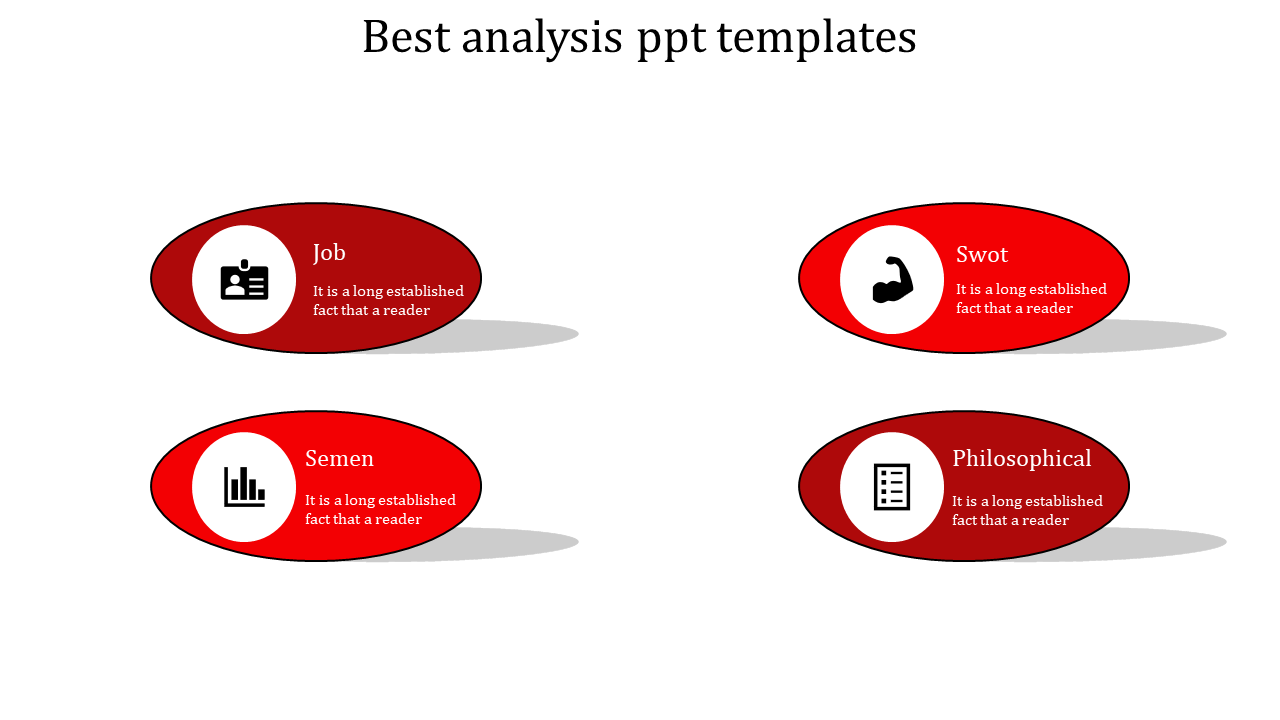 Red oval icons with white circular symbols and shadow effects arranged in two rows each with placeholder text areas.