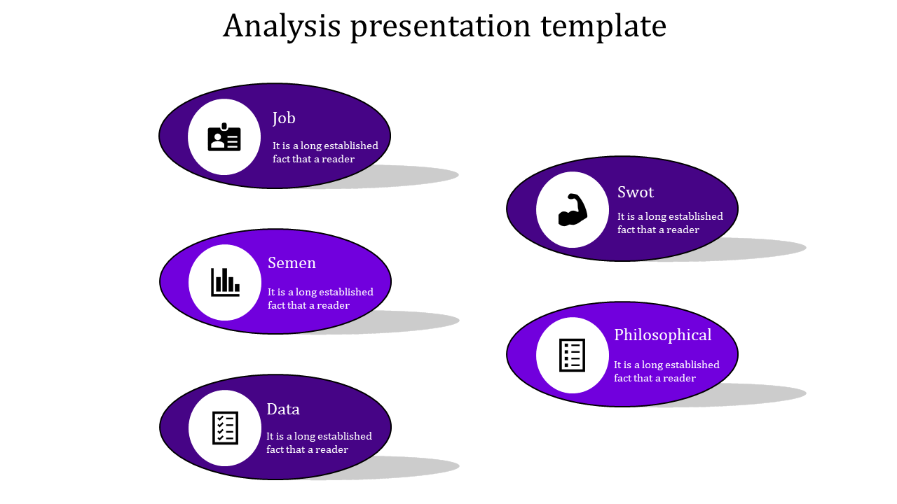 Purple analysis template with oval sections and shadow effects with caption areas placed in white bacground.