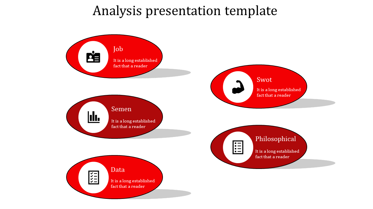 Five red oval shapes with icons and text, arranged in two columns, each with a shadow on a white background.