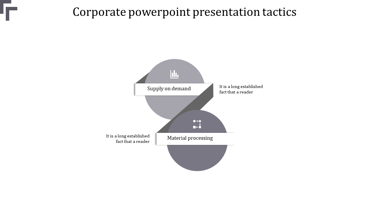 PPT slide showing two circles with grey icons and placeholder text representing corporate tactics.