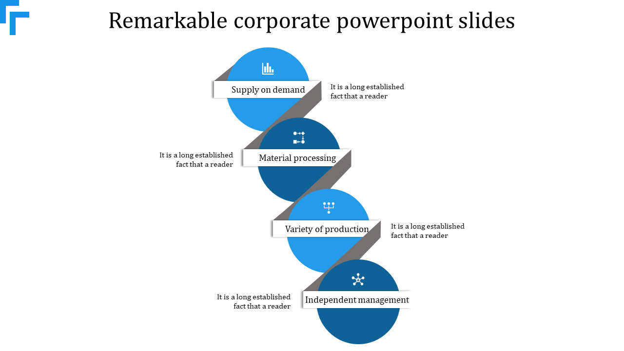 Corporate process flow with blue circular nodes and gray connectors for supply and production stages.