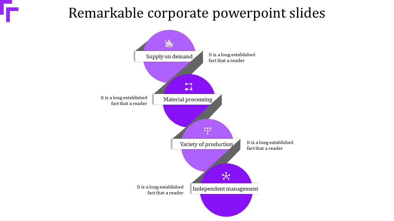 Stacked four purple circles linked diagonally with a gray ribbon, featuring labeled white text boxes and small icons.