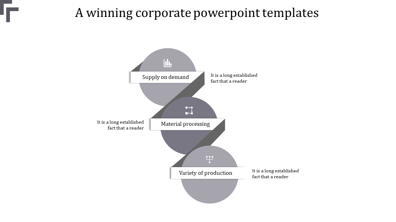 Corporate process flow with gray circular nodes and connectors for supply and production stages.