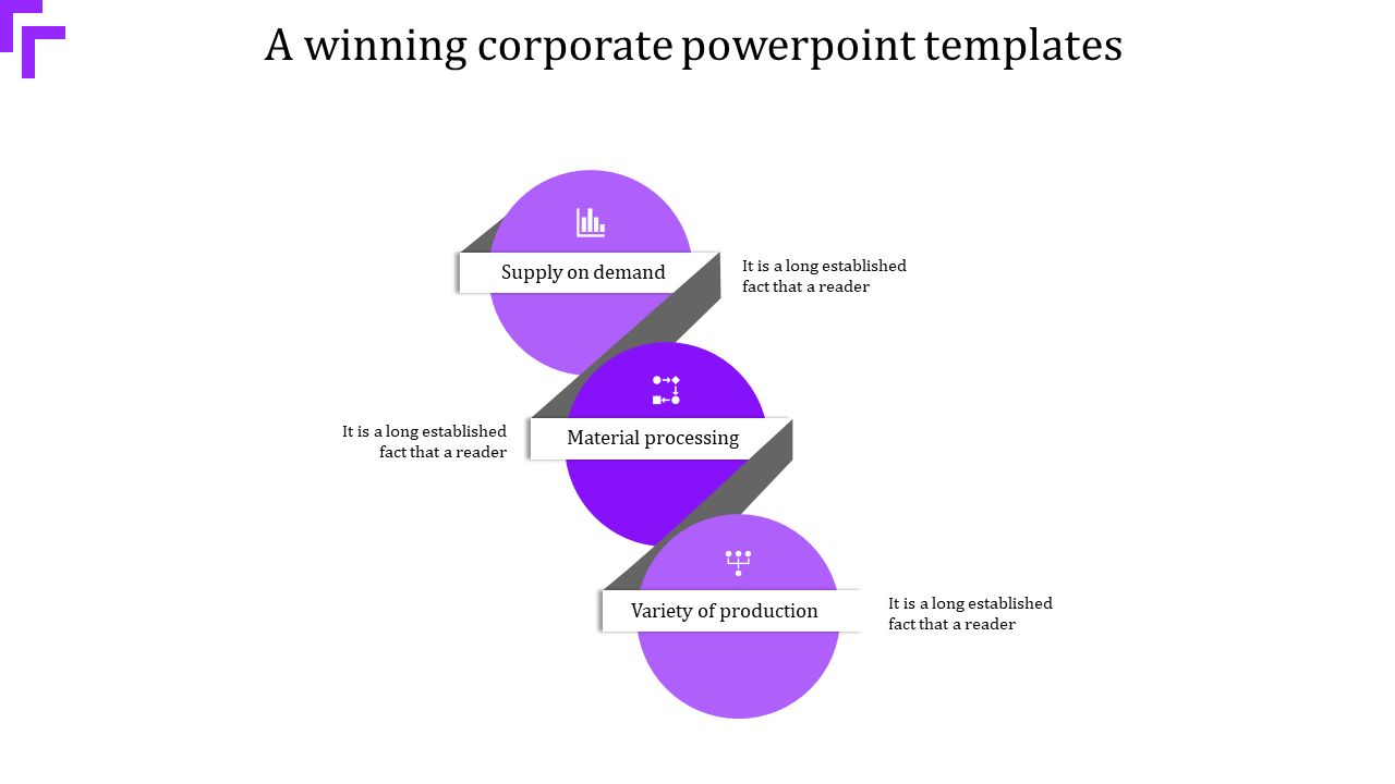 Corporate process flow with purple circular nodes and gray connectors for supply and production stages.