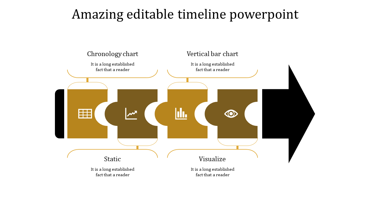 Horizontal timeline with four yellow puzzle shaped blocks, featuring icons and a large black arrow at the end.