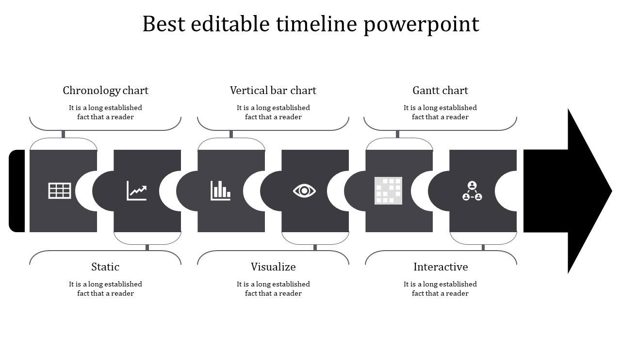 Five step timeline with gray interlocking pieces and an arrow showing progression placed in a white background.