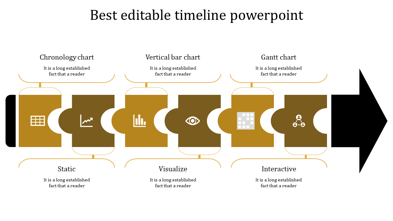 Timeline PowerPoint template with six puzzle sections from chronology chart to interactive with icons and placeholder text.
