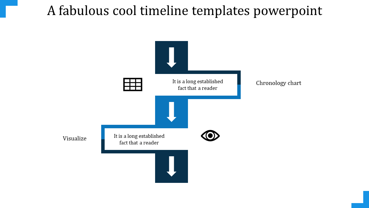 Simple cool timeline PowerPoint slide with blue arrows pointing down, featuring icons for data grid and visualization.