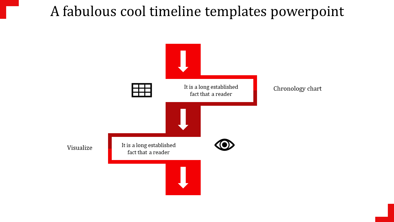 Timeline infographic featuring two red blocks with white arrows pointing downward, connected to icons and text.