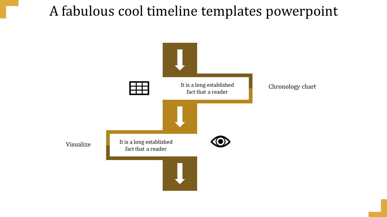 PowerPoint timeline template with yellow arrows and icons for chronology chart and visualization and placeholder text.