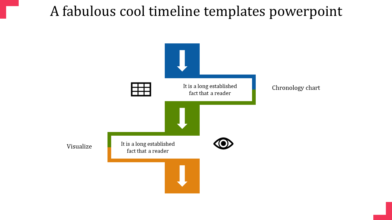 Timeline with blue, green, and orange blocks and white arrows pointing down, connected to a grid and eye icon.