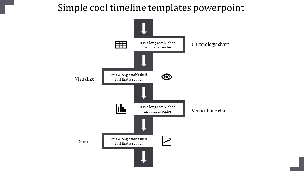 Timeline PowerPoint slide with vertical grey arrows, illustrating chronology, visualization, and static steps with icons.