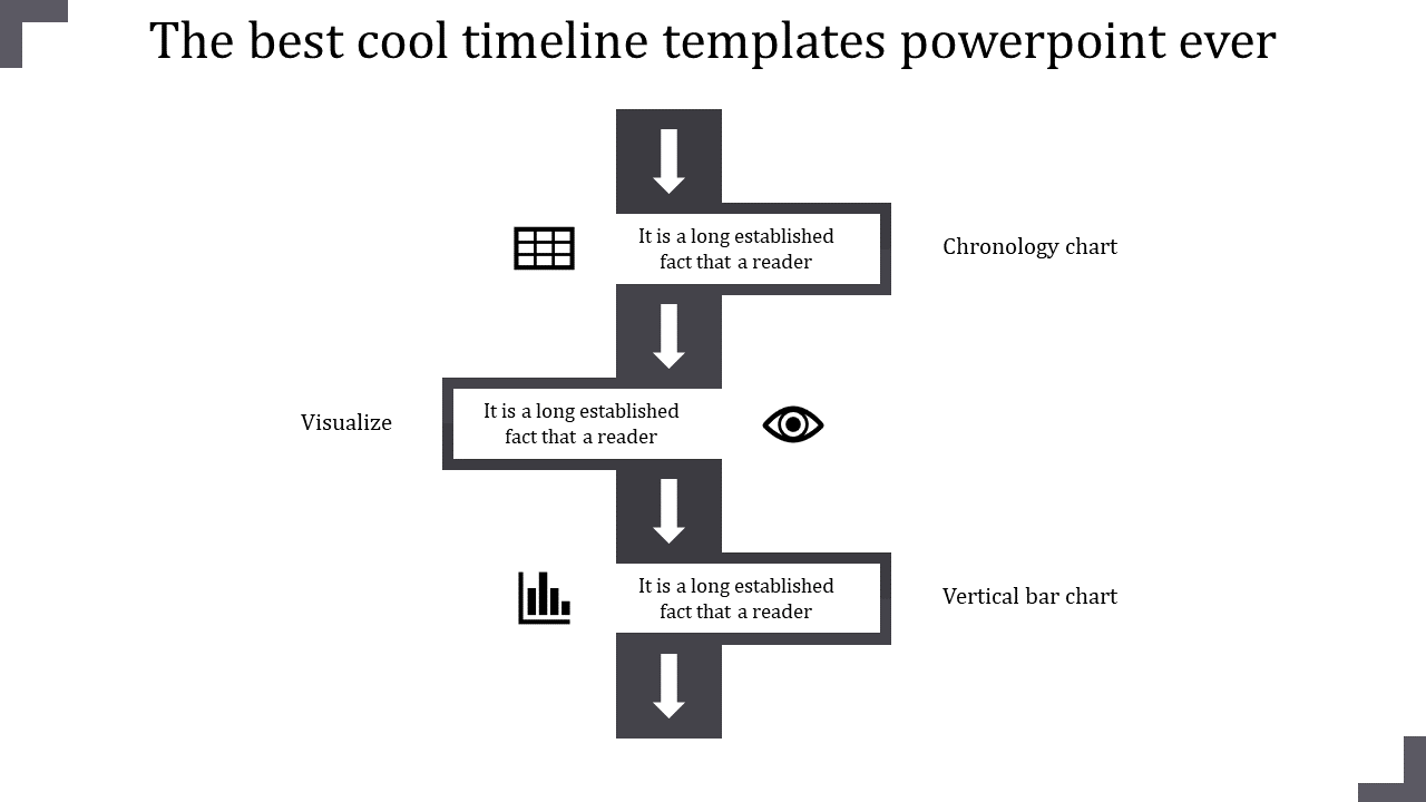 Slide design featuring three gray and white blocks with downward arrows, illustrating a simple timeline process.