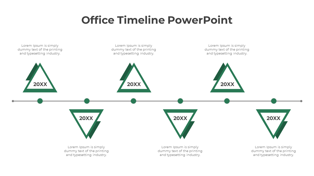 Modern timeline design with six triangular green markers, each labeled 20XX, arranged symmetrically.