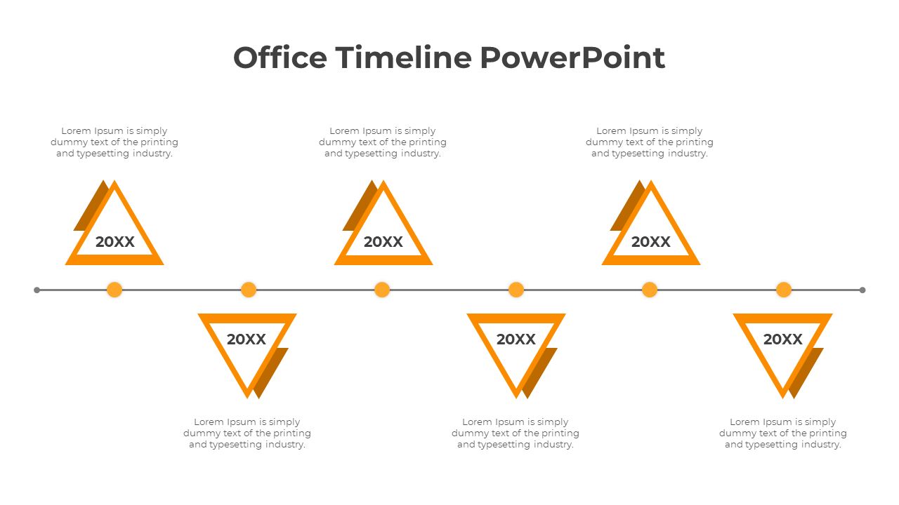 Office timeline PowerPoint slide featuring triangular milestones marked with 20XX, accompanied by dummy text for each year.